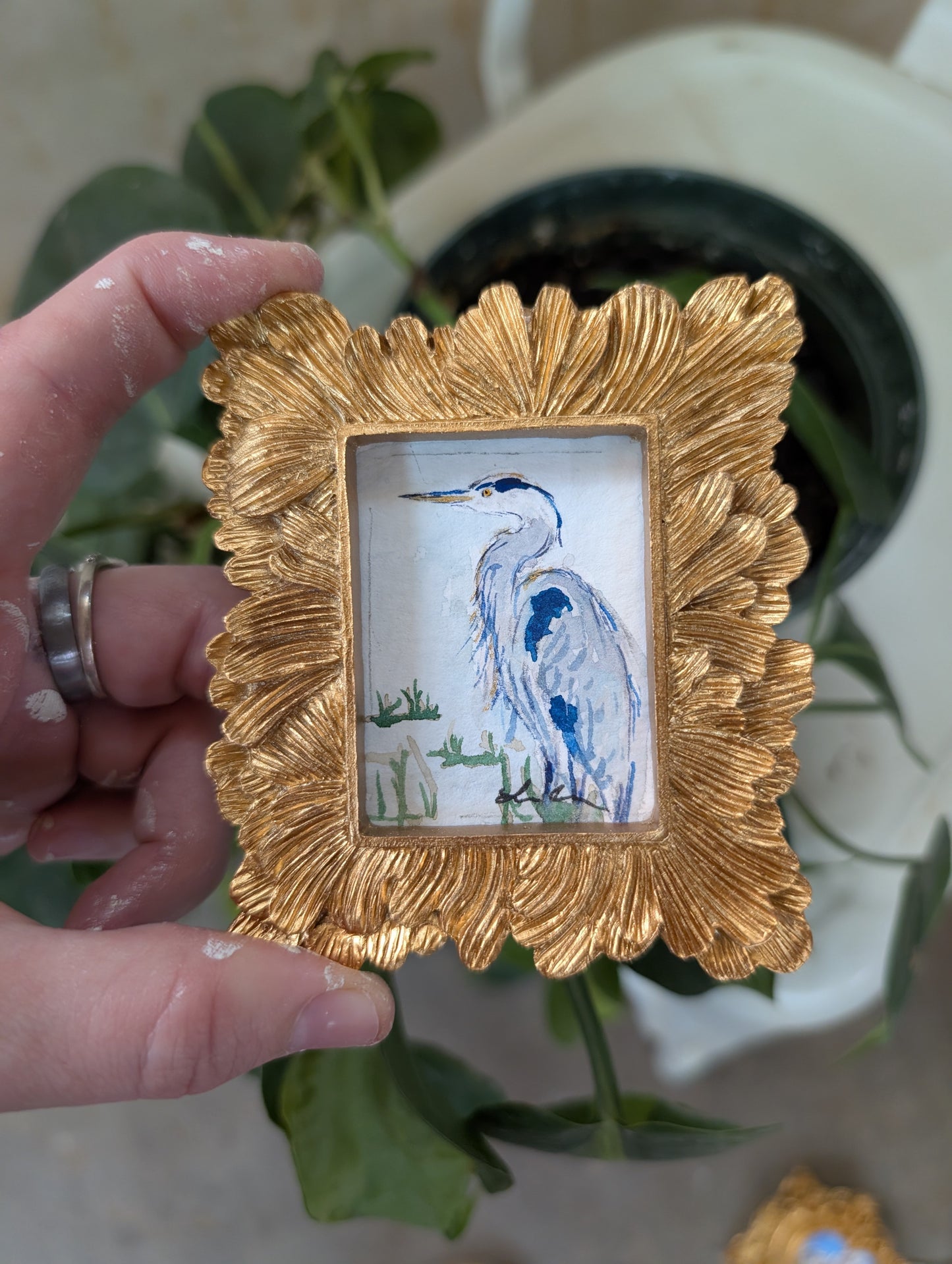 Mini Blue Heron Painting - Original Watercolor Art by Lora Cavallin