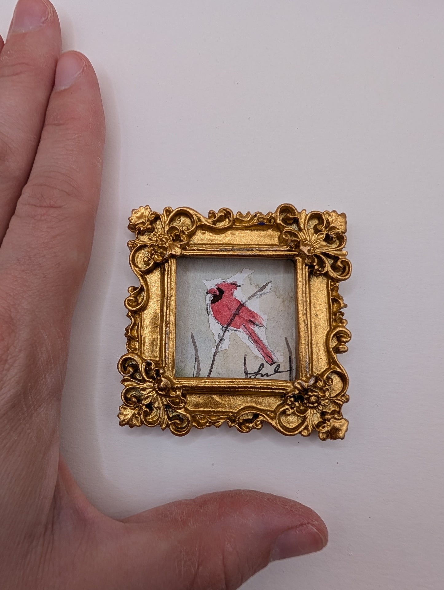 Mini Cardinal Bird Painting - Original Watercolor Art by Lora Cavallin