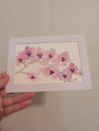 Orchid Flowers Watercolor Painting - 4 x 6" - No Frame, Comes with Mat - Art by Lora Cavallin