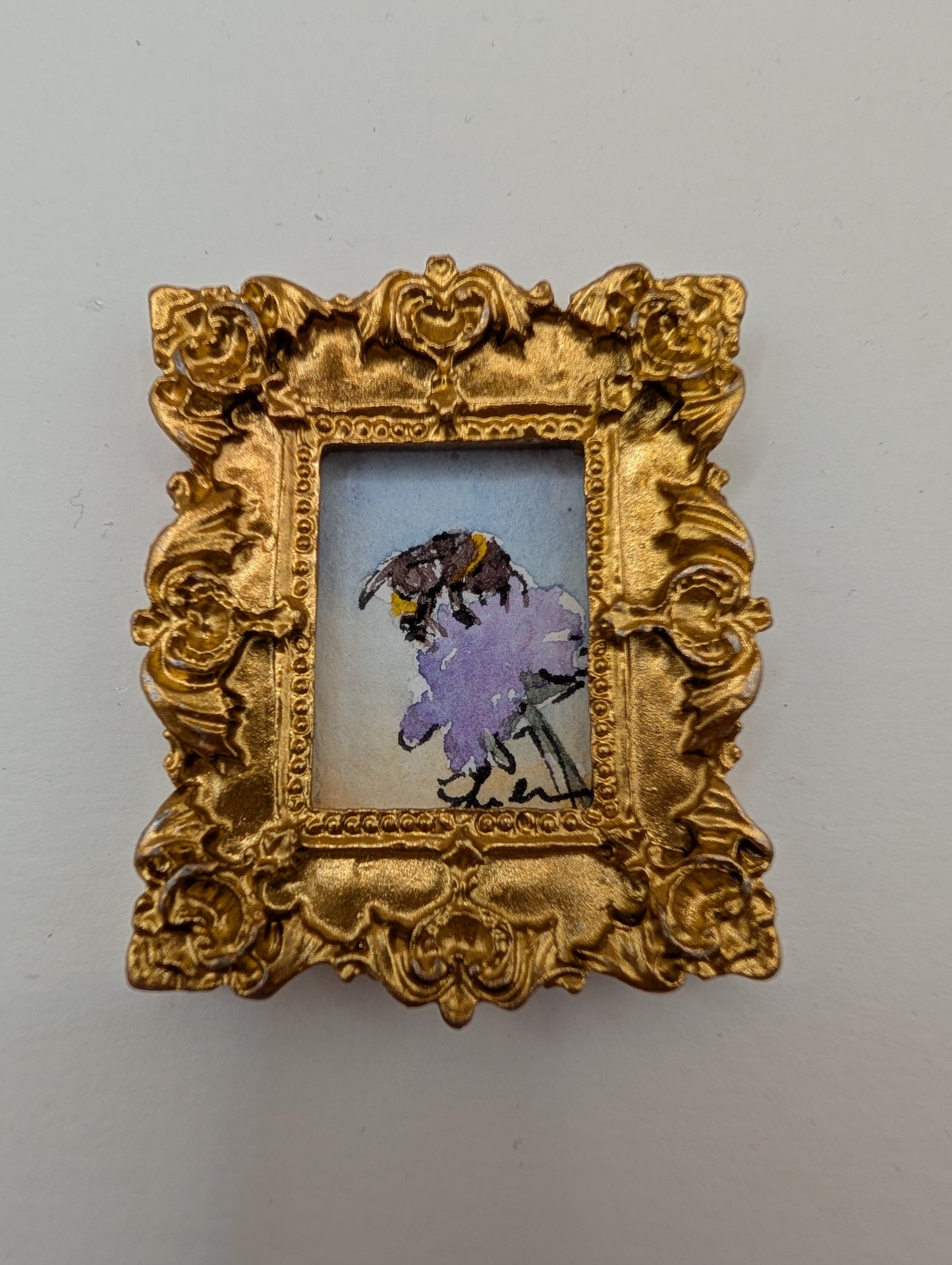 Mini Bee on Flower Painting - Original Watercolor Art by Lora Cavallin
