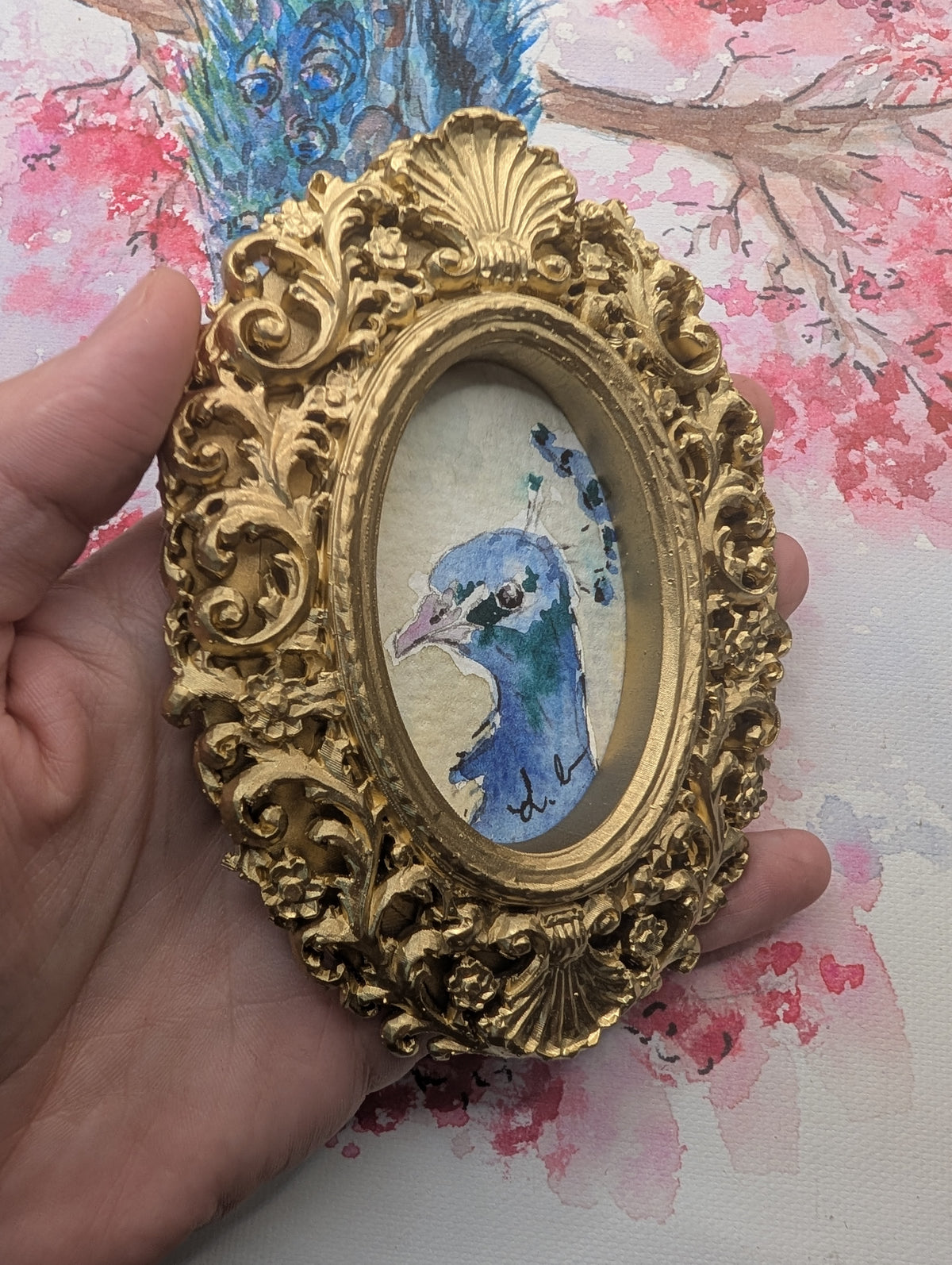 Mini Peacock Painting - Original Watercolor Art by Lora Cavallin
