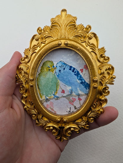 Mini Parakeet Birds in Love Painting - Original Watercolor Art by Lora Cavallin