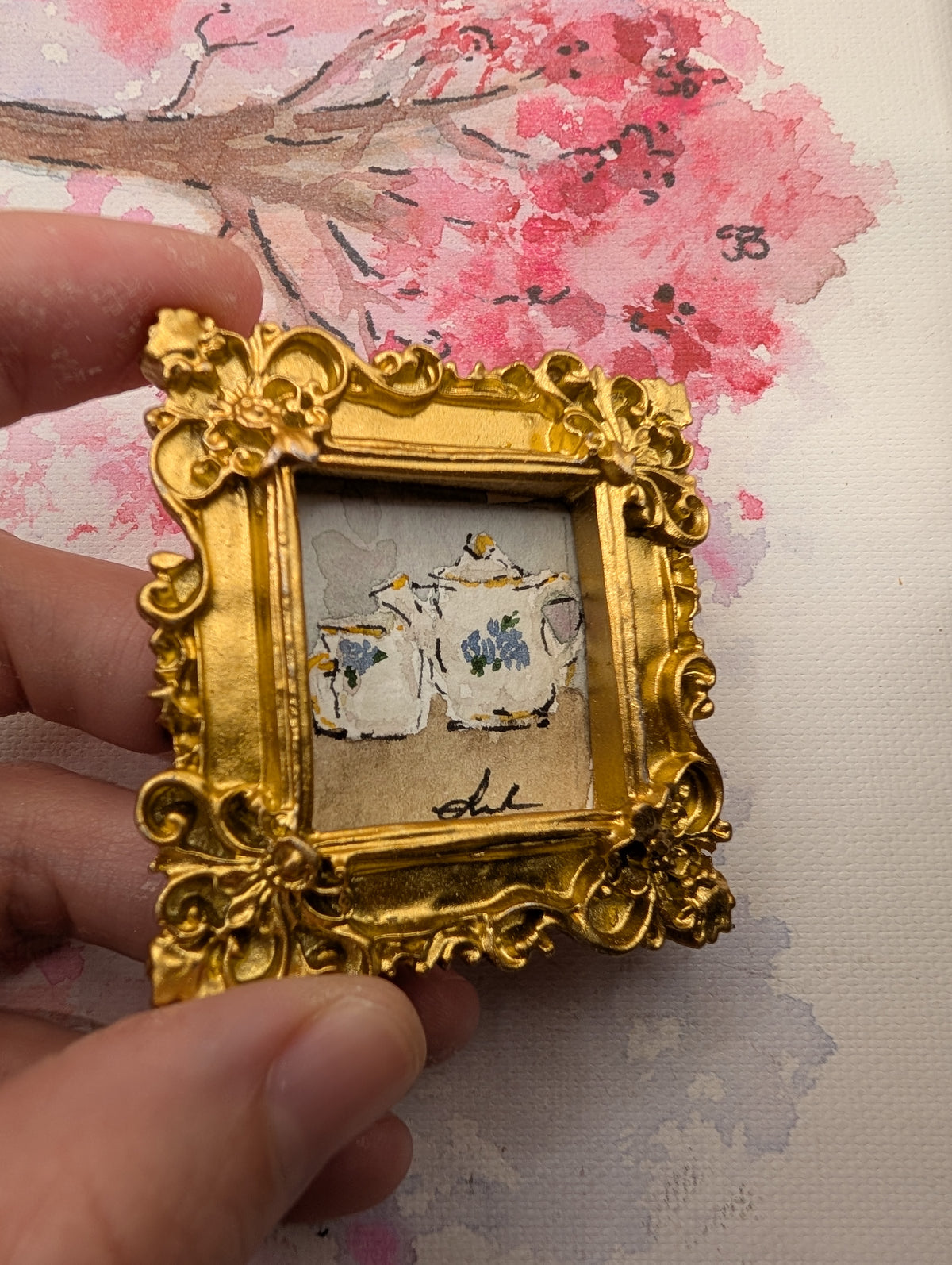 Mini Teapot and Teacup Painting - Original Watercolor Art by Lora Cavallin