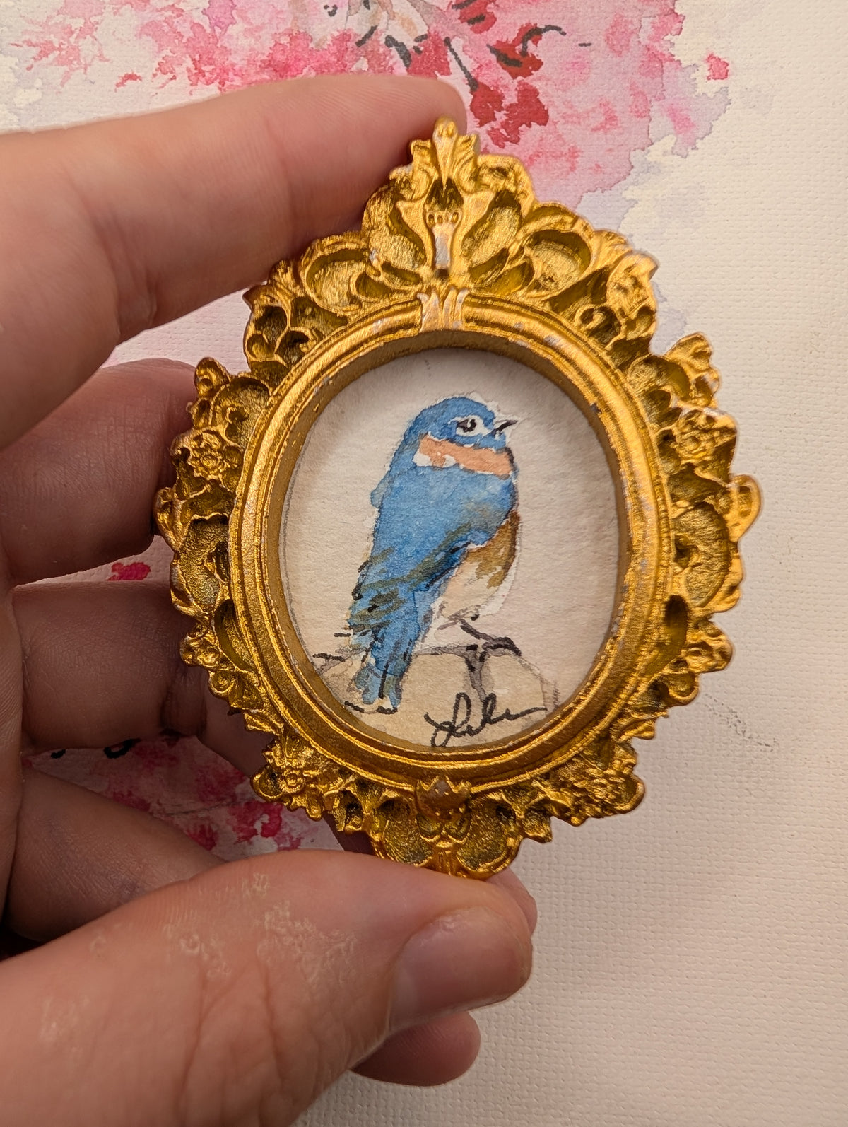 Mini Bluebird Painting - Original Watercolor Art by Lora Cavallin