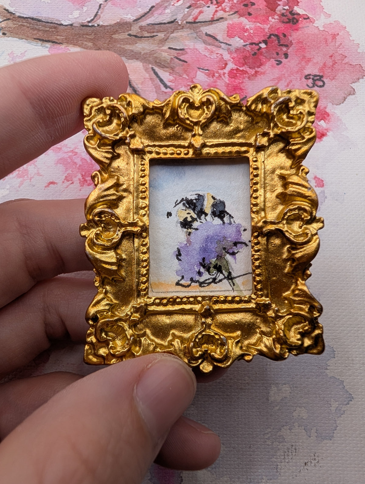 Mini Bee on Flower Painting - Original Watercolor Art by Lora Cavallin