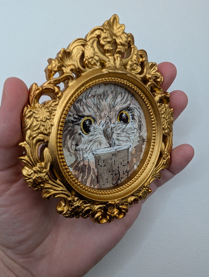 Mini Owl with Iced Drink Painting - Original Watercolor Art by Lora Cavallin