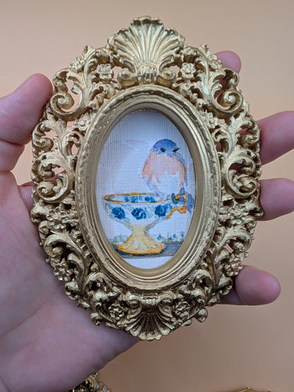 Small Birds on Teacups Art Print Set of Three - With Gold Frames - Watercolor Design