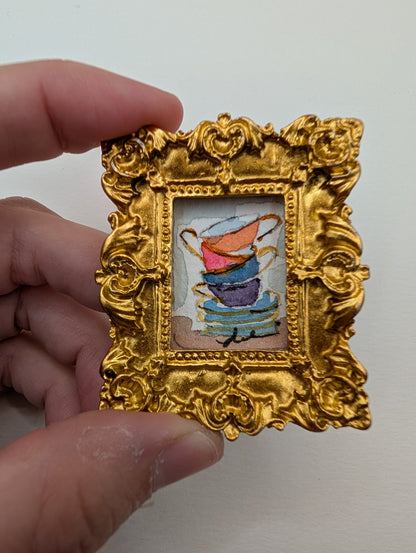 Mini Teacup Stack Painting - Original Watercolor Art by Lora Cavallin