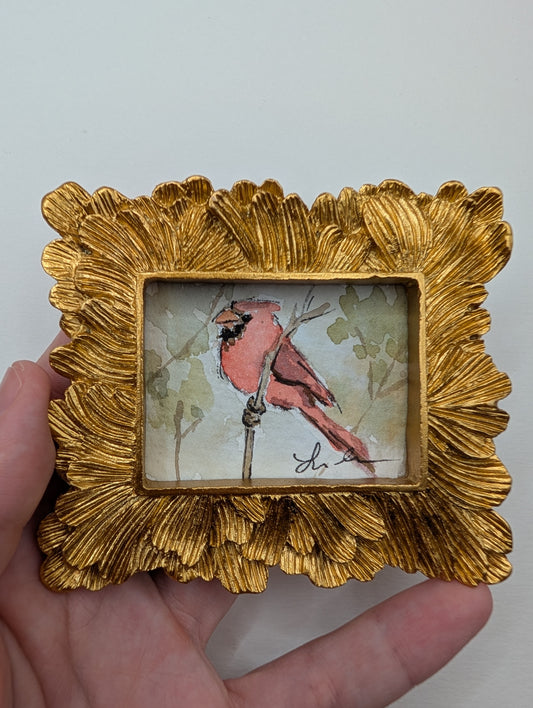 Mini Cardinal Bird Painting - Original Watercolor Art by Lora Cavallin