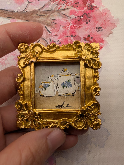 Mini Teapot and Teacup Painting - Original Watercolor Art by Lora Cavallin