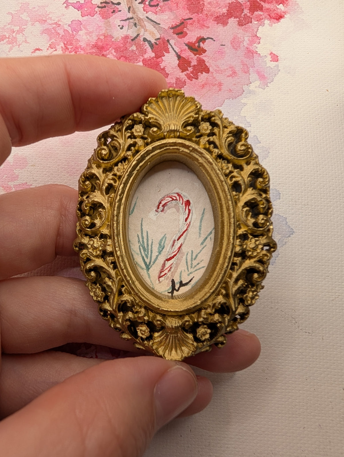 Mini Candy Cane Painting - Original Watercolor Art by Lora Cavallin