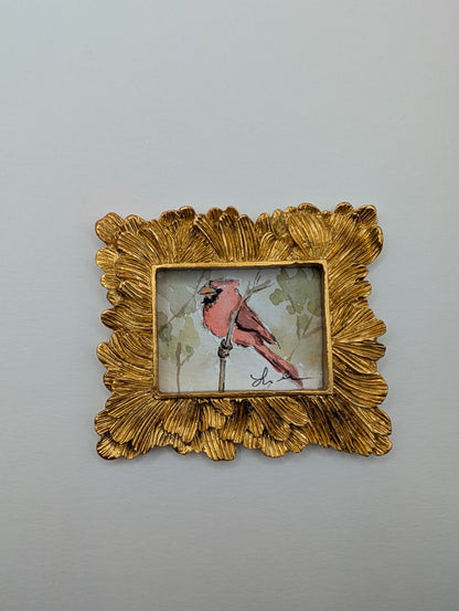 Mini Cardinal Bird Painting - Original Watercolor Art by Lora Cavallin