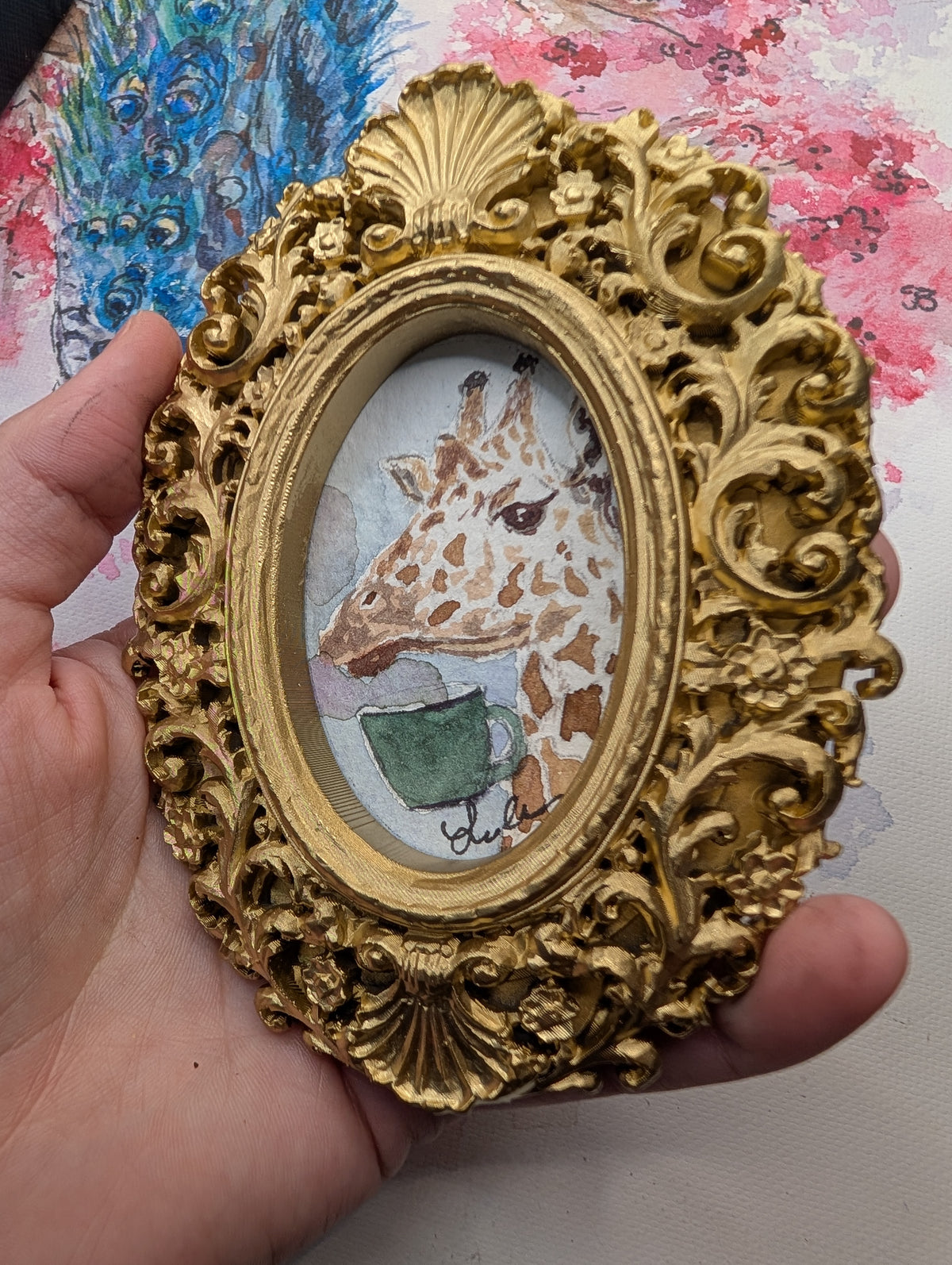 Mini Giraffe with Coffee Mug Painting - Original Watercolor Art by Lora Cavallin