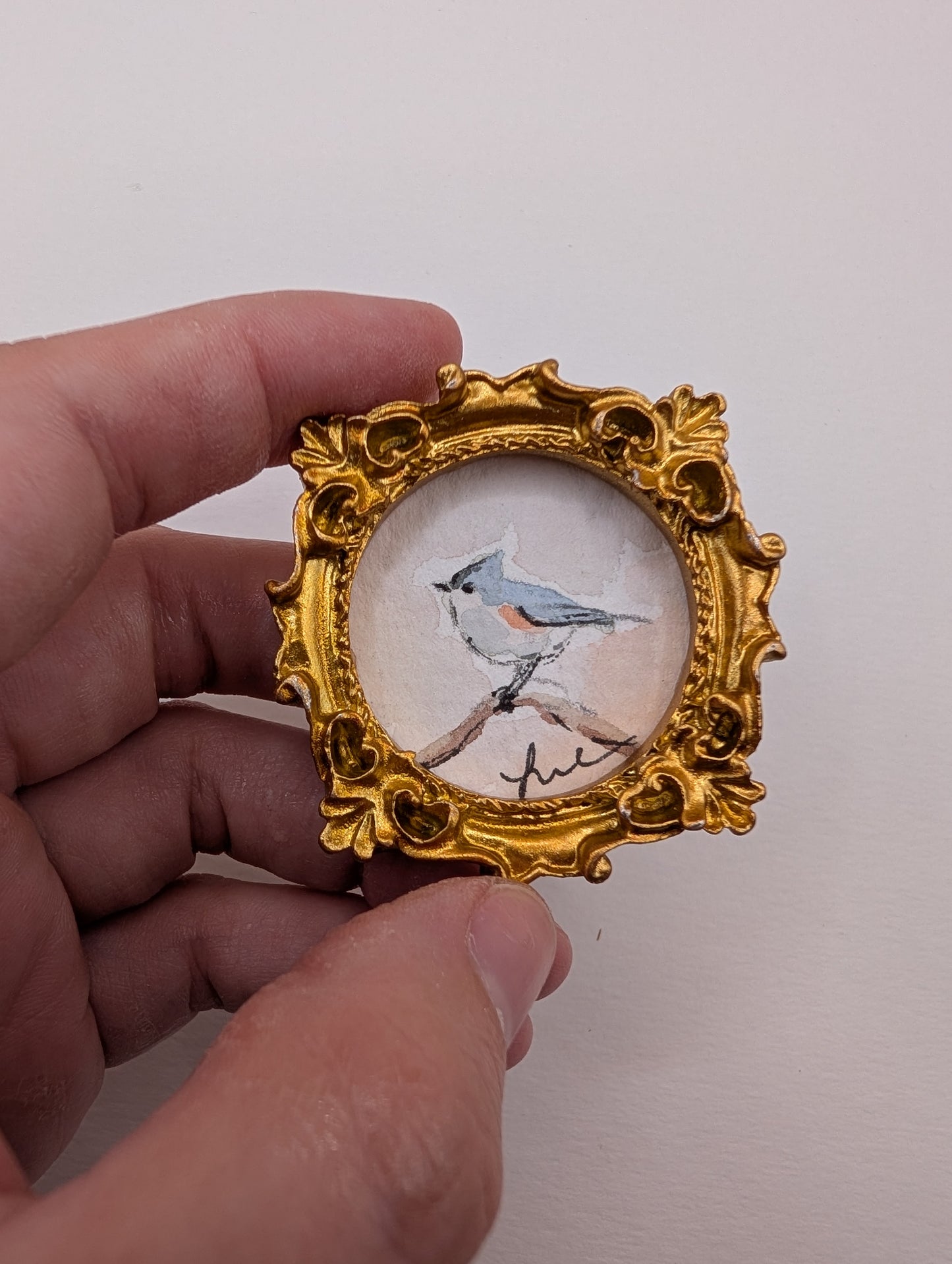 Mini Tufted Titmouse Bird Painting - Original Watercolor Art by Lora Cavallin