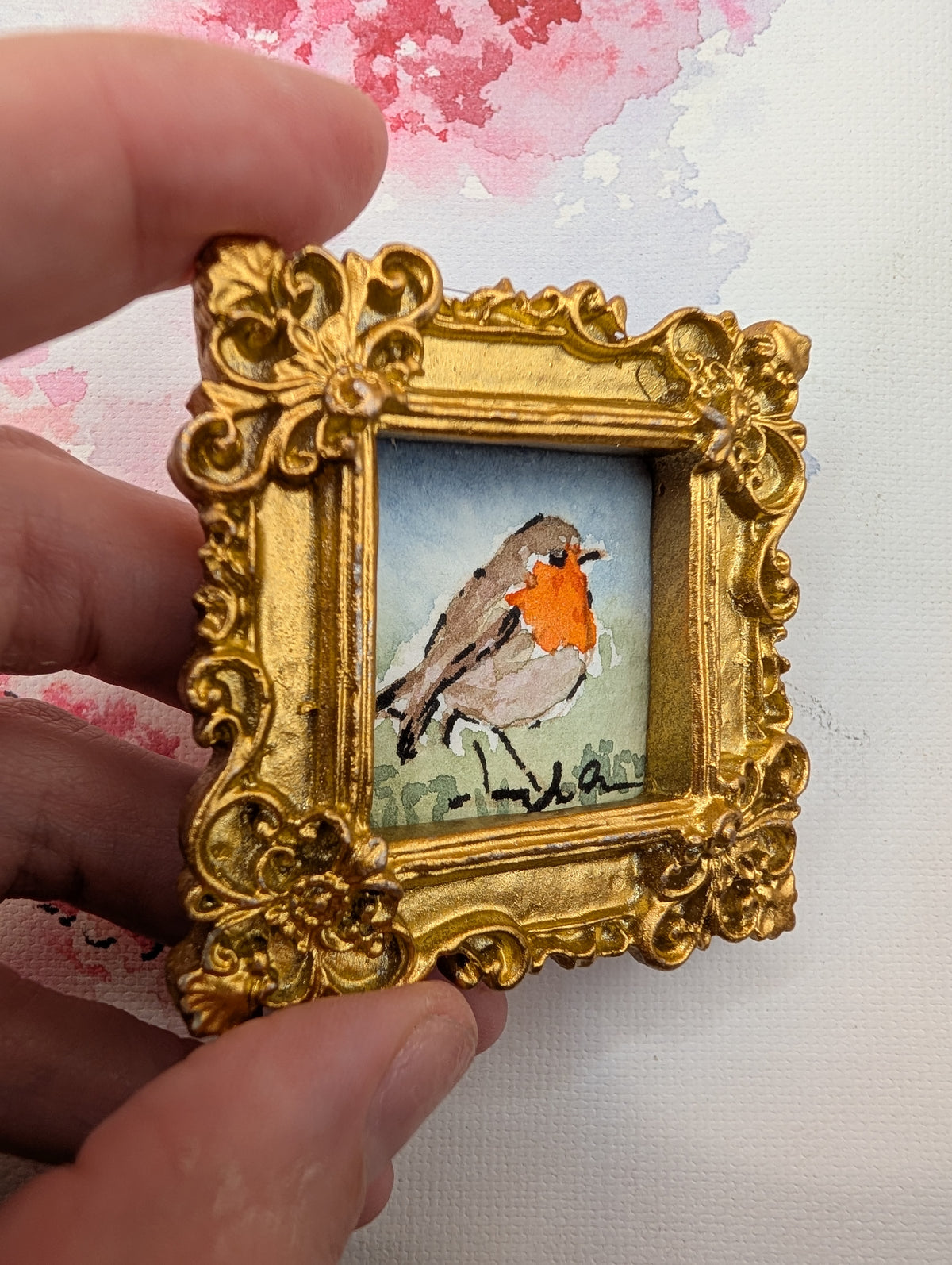 Mini Robin Bird Painting - Original Watercolor Art by Lora Cavallin