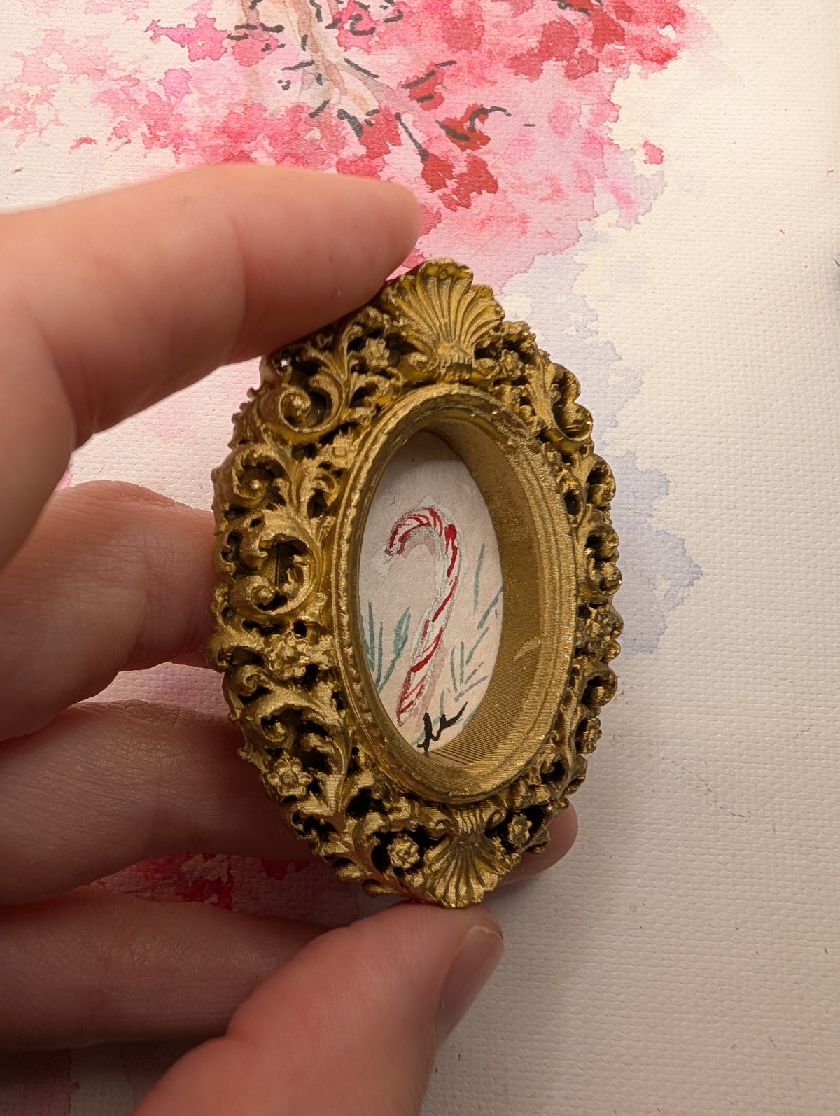 Mini Candy Cane Painting - Original Watercolor Art by Lora Cavallin