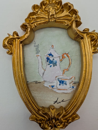 Mini Tea Pot and Cup Painting - Original Watercolor Art by Lora Cavallin