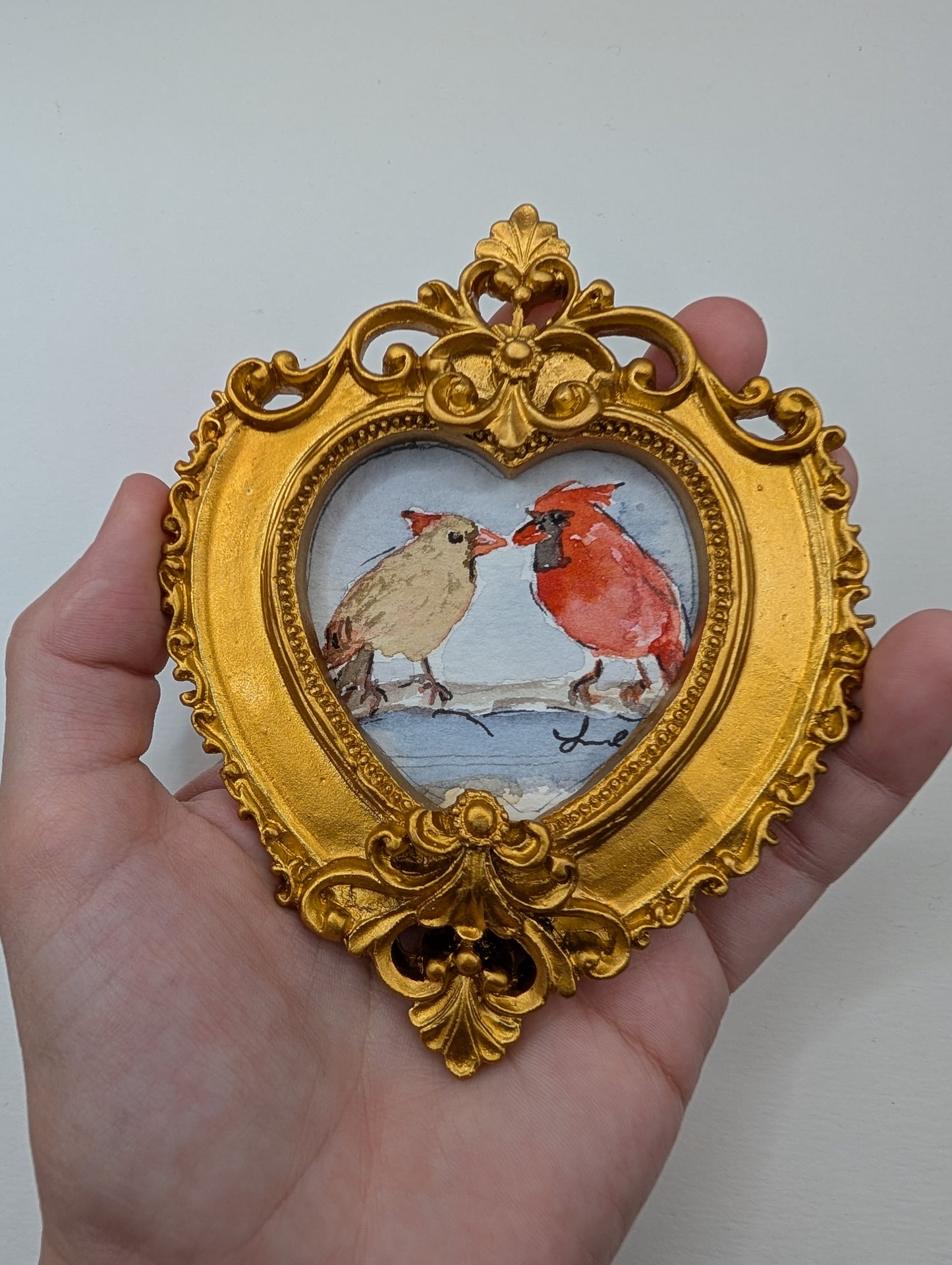 Mini Male and Female Cardinal Birds Painting - Original Watercolor Art by Lora Cavallin