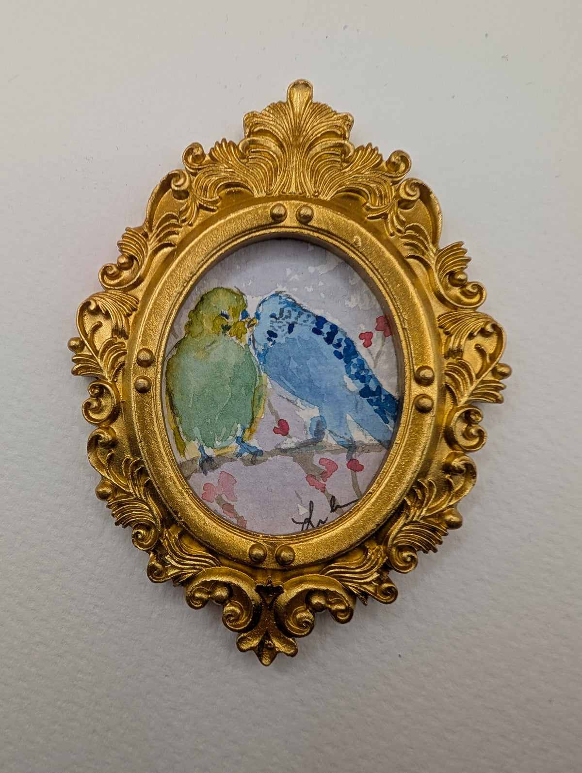 Mini Parakeet Birds in Love Painting - Original Watercolor Art by Lora Cavallin