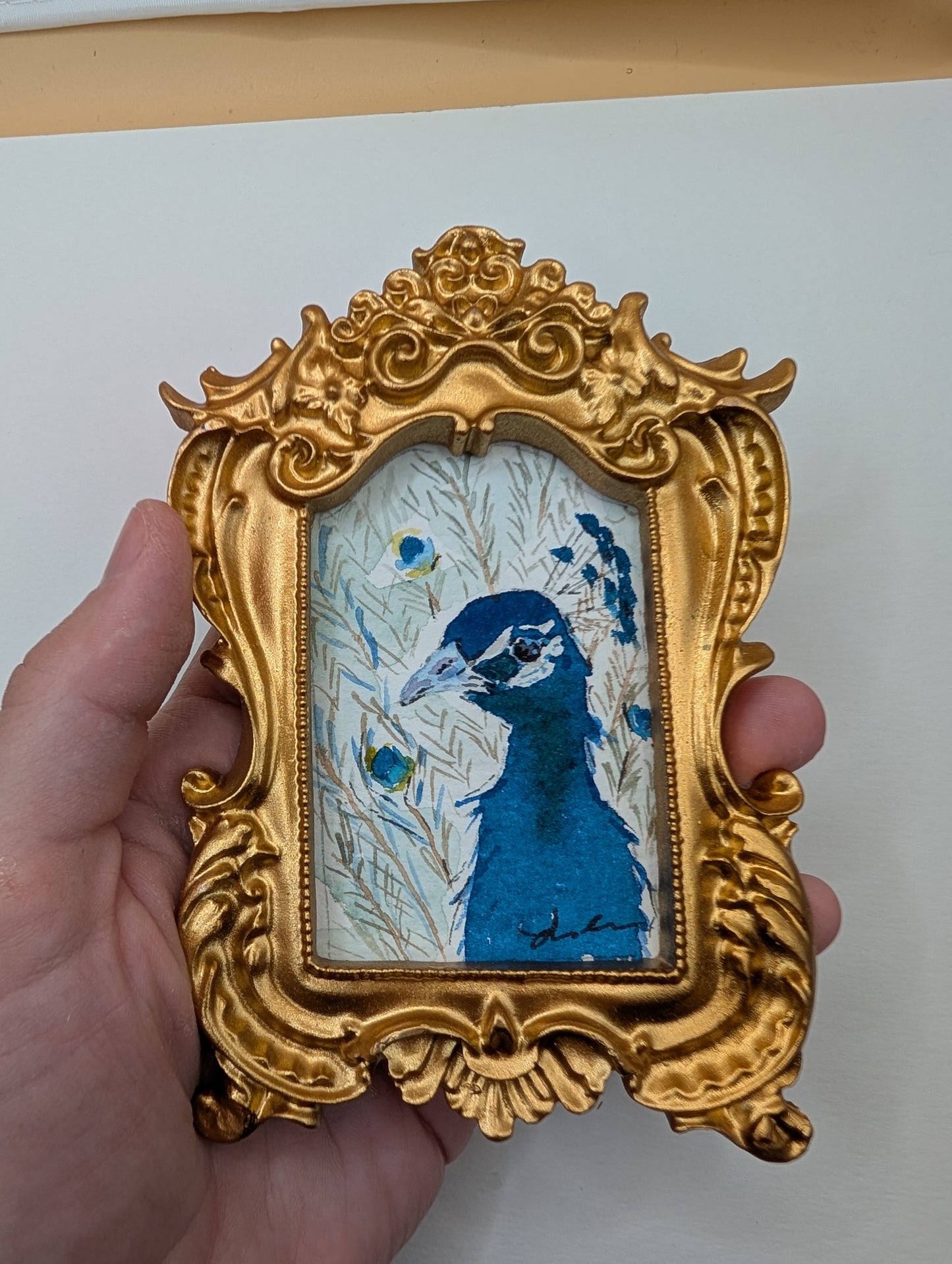 Mini Peacock Painting - Original Watercolor Art by Lora Cavallin