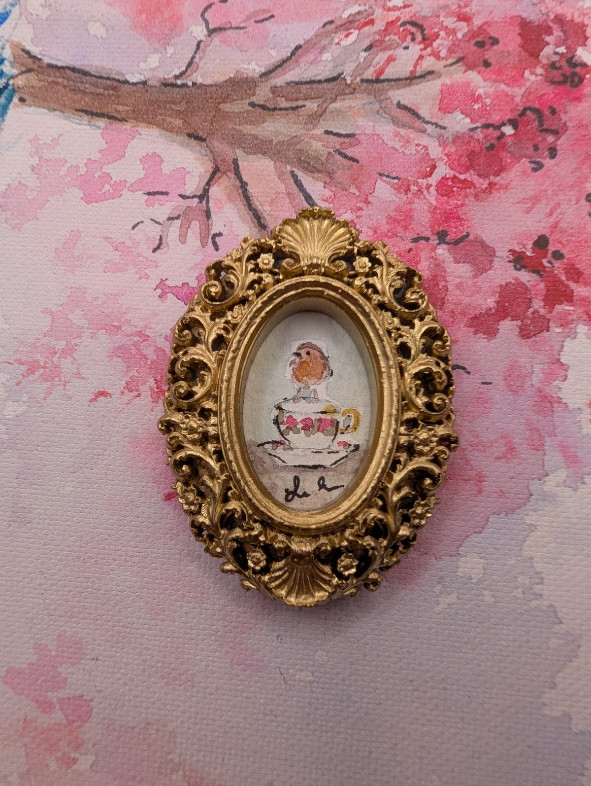 Mini Robin Bird on Teacup Painting - Original Watercolor Art by Lora Cavallin