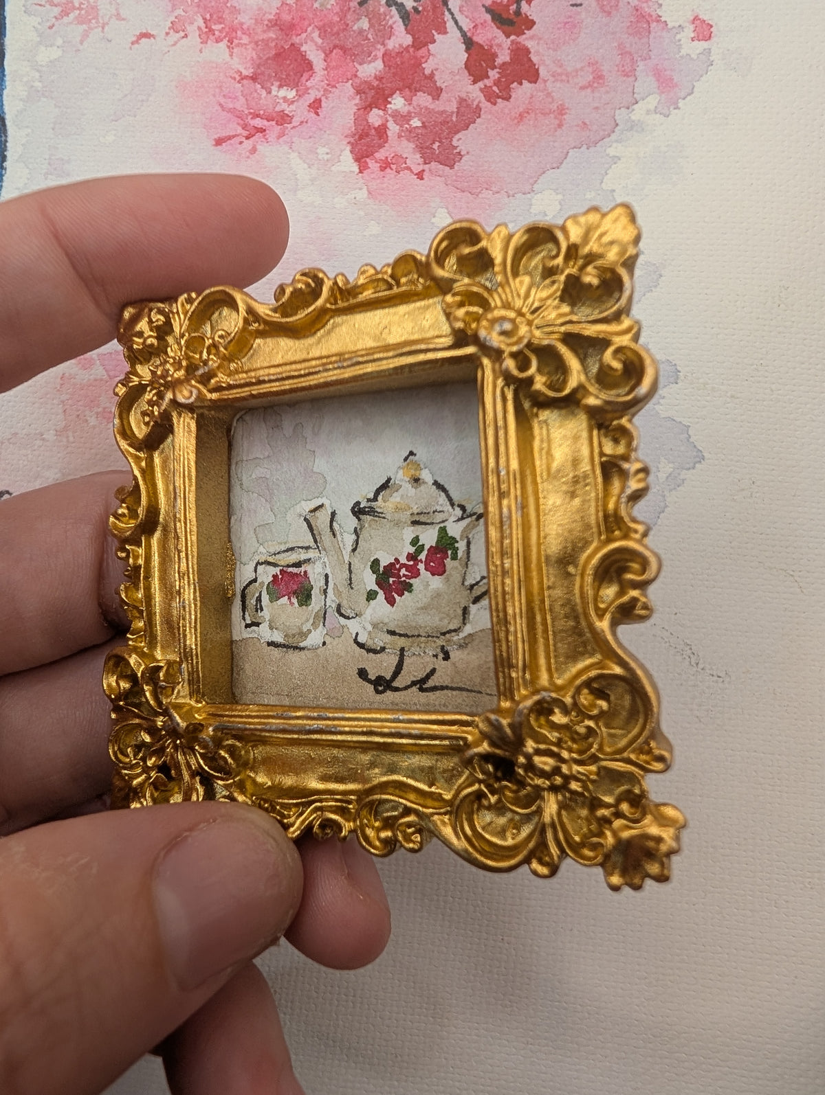 Mini Teapot and Teacup Painting - Original Watercolor Art by Lora Cavallin