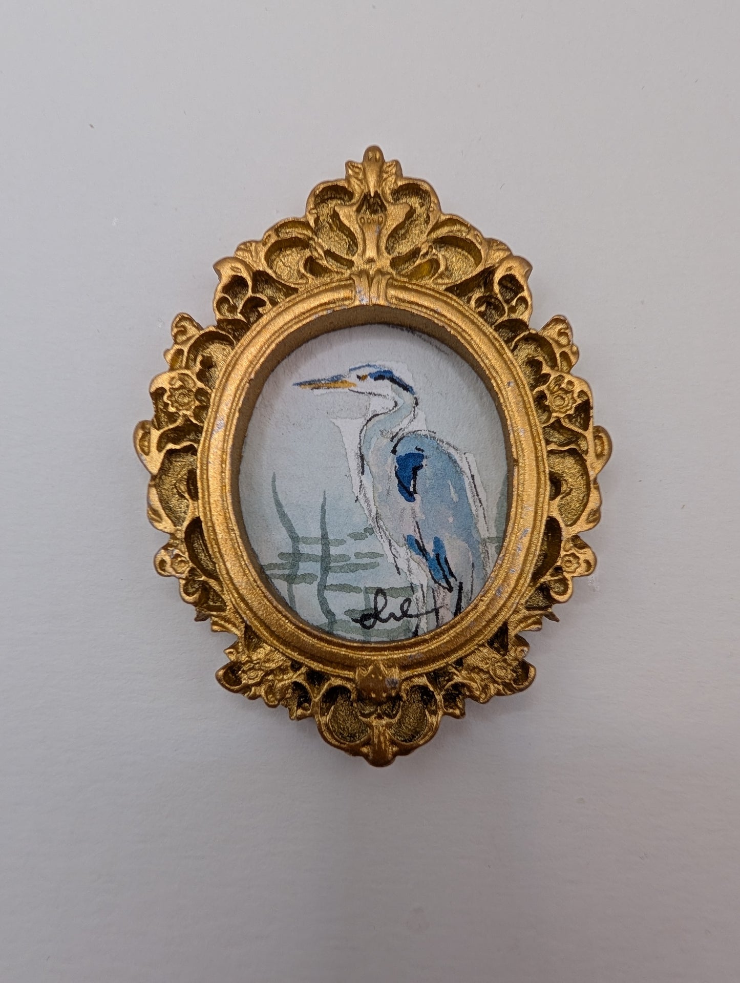 Mini Blue Heron Painting - Original Watercolor Art by Lora Cavallin