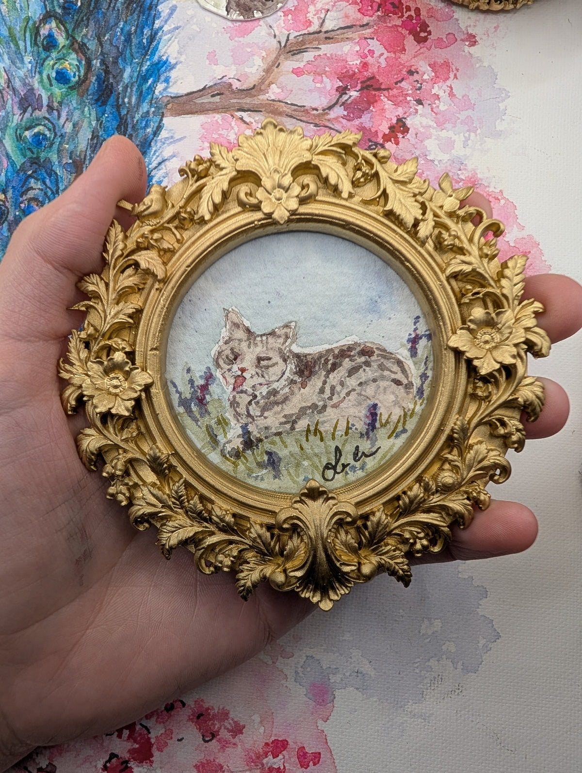 Mini Cat in Field Painting - Original Watercolor Art by Lora Cavallin