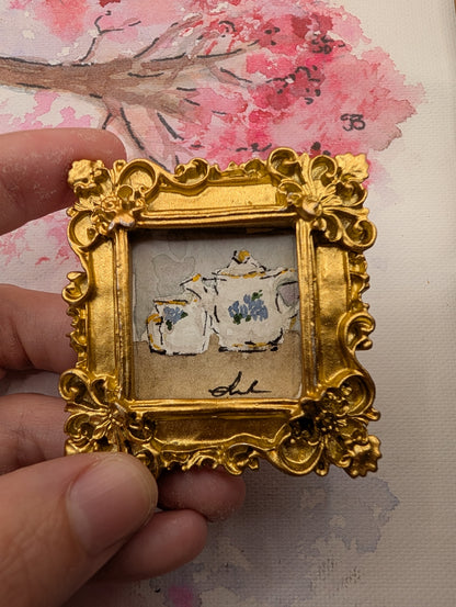 Mini Teapot and Teacup Painting - Original Watercolor Art by Lora Cavallin