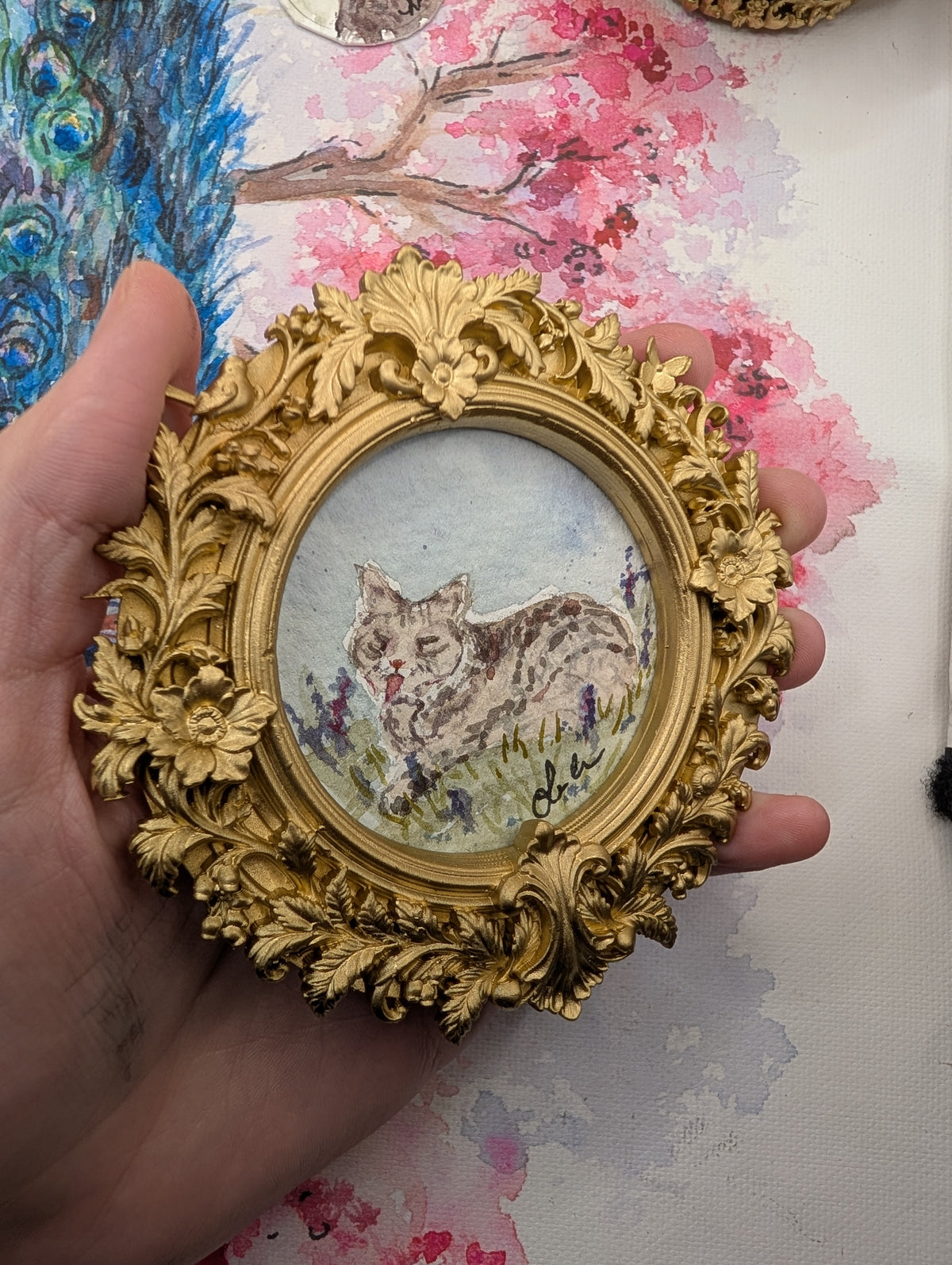 Mini Cat in Field Painting - Original Watercolor Art by Lora Cavallin