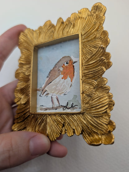 Mini Robin Bird Painting - Original Watercolor Art by Lora Cavallin