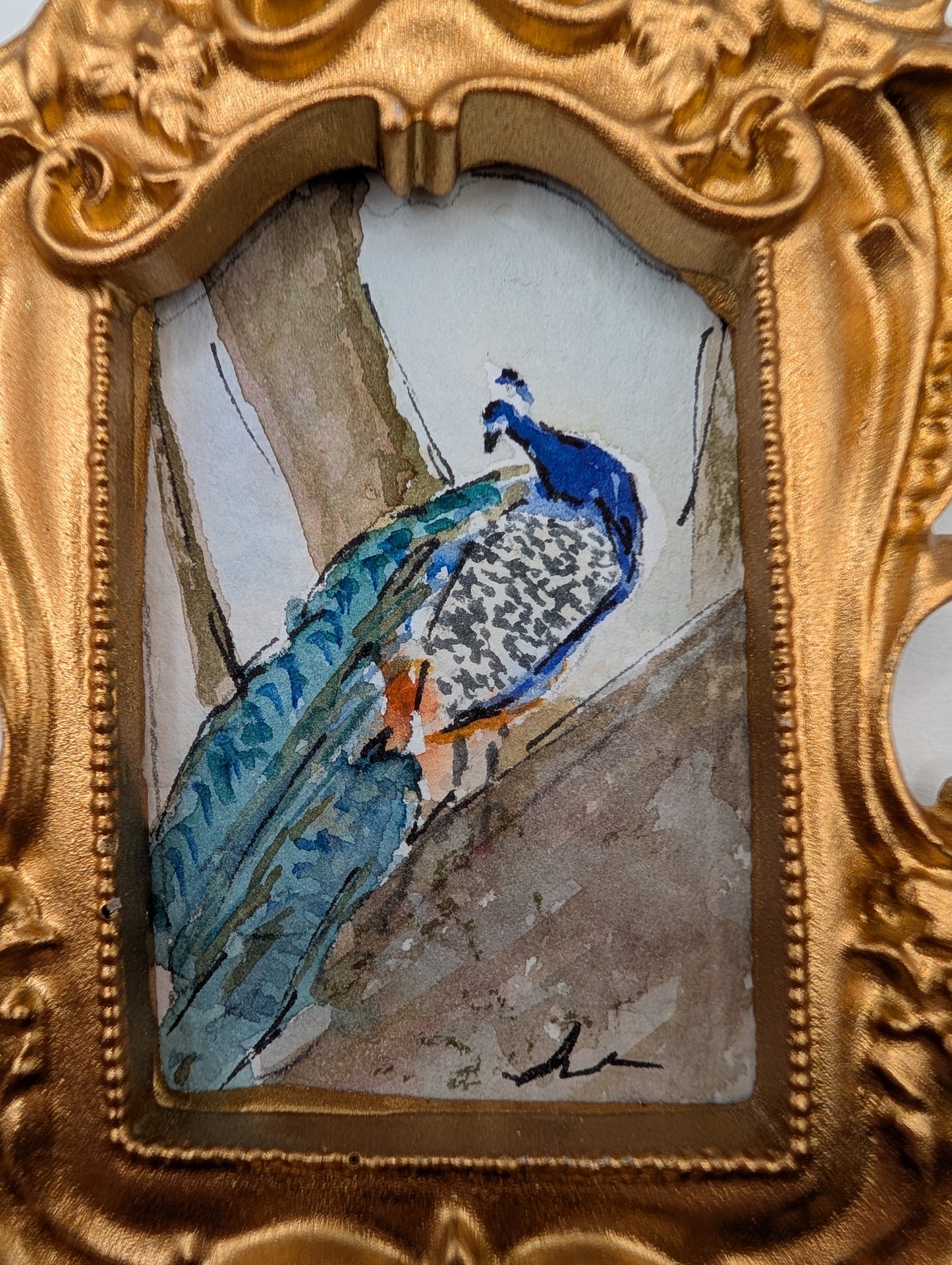 Mini Peacock Painting - Original Watercolor Art by Lora Cavallin