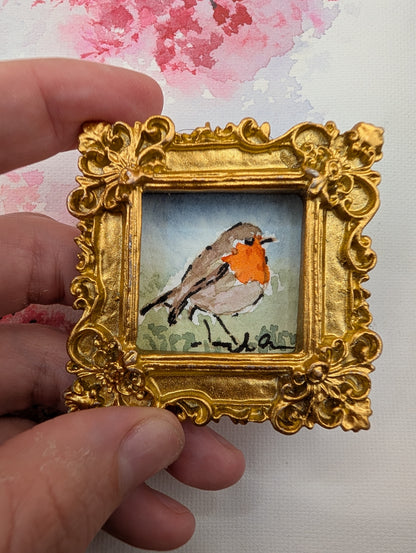 Mini Robin Bird Painting - Original Watercolor Art by Lora Cavallin