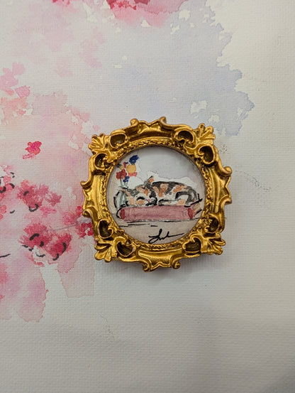 Mini Sleeping Cat on Book Painting - Original Watercolor Art by Lora Cavallin