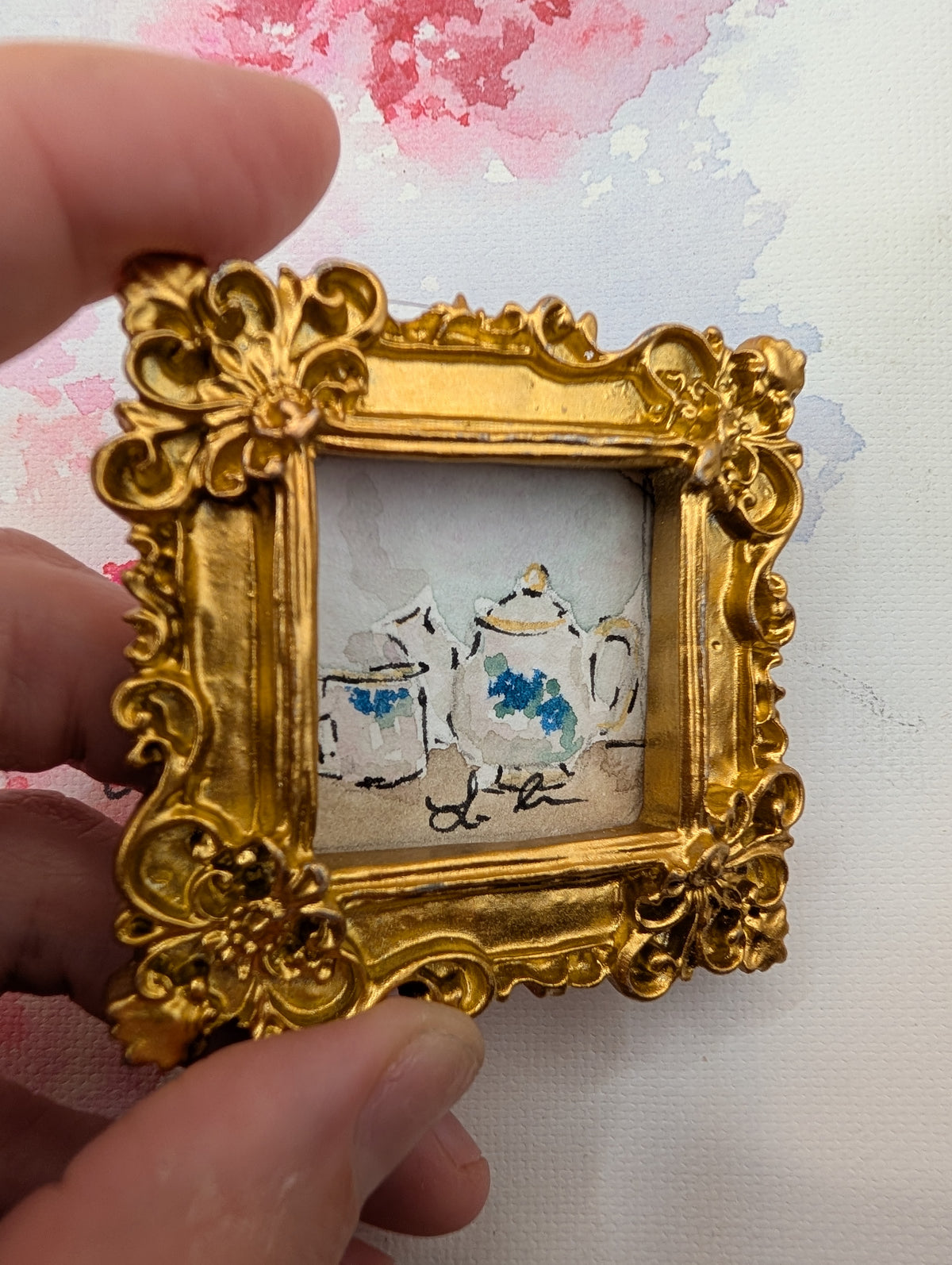 Mini Teapot and Teacup Painting - Original Watercolor Art by Lora Cavallin
