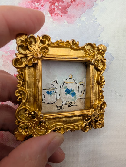 Mini Teapot and Teacup Painting - Original Watercolor Art by Lora Cavallin
