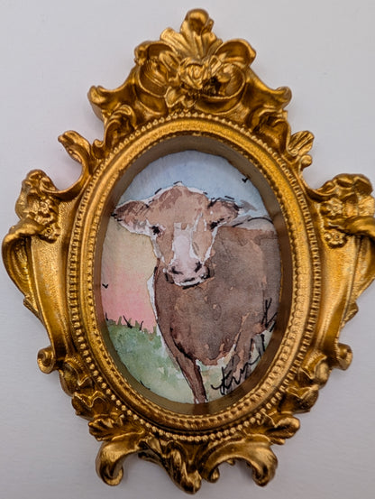 Mini Cow Painting - Original Watercolor Art by Lora Cavallin