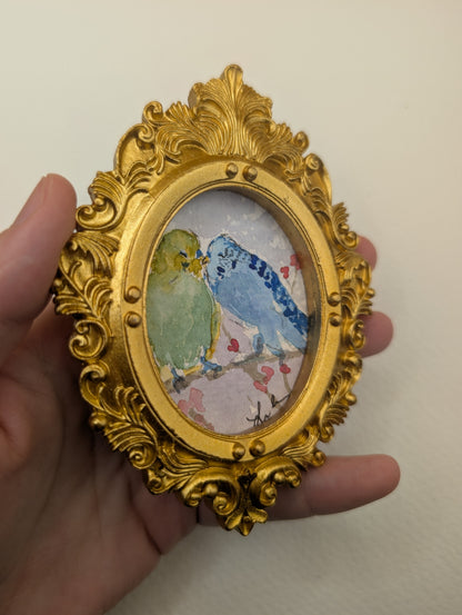 Mini Parakeet Birds in Love Painting - Original Watercolor Art by Lora Cavallin