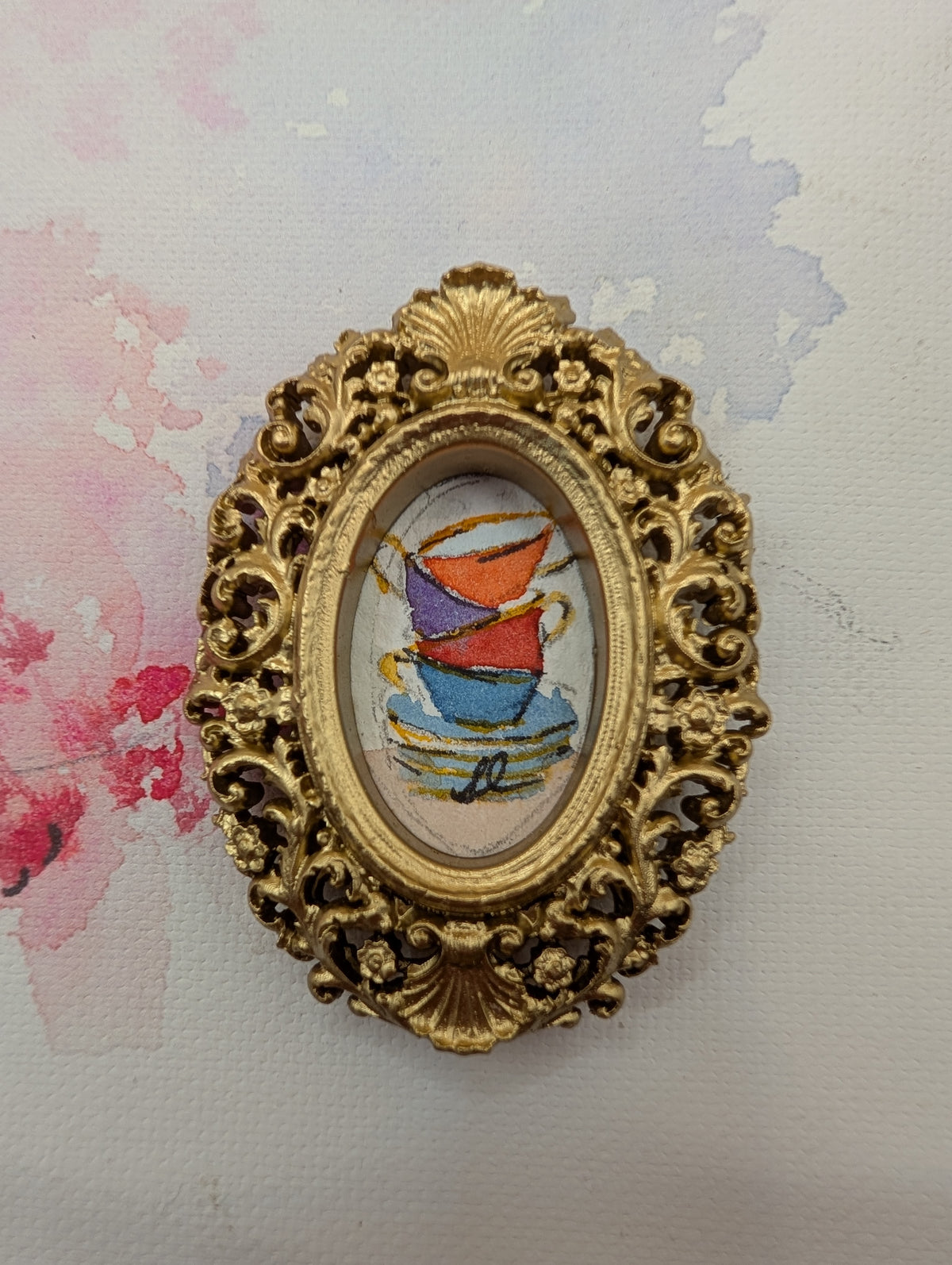 Mini Stack of Teacups Painting - Original Watercolor Art by Lora Cavallin