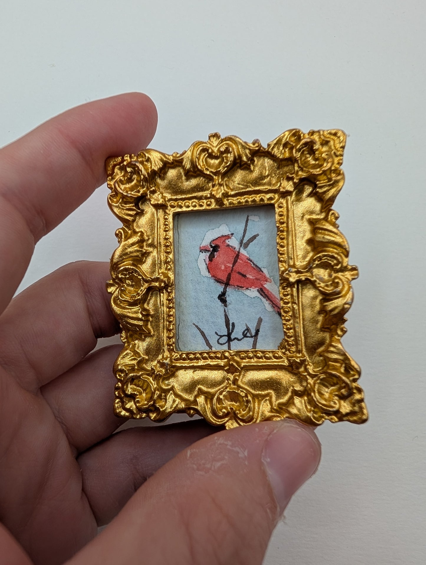 Mini Cardinal Bird Painting - Original Watercolor Art by Lora Cavallin