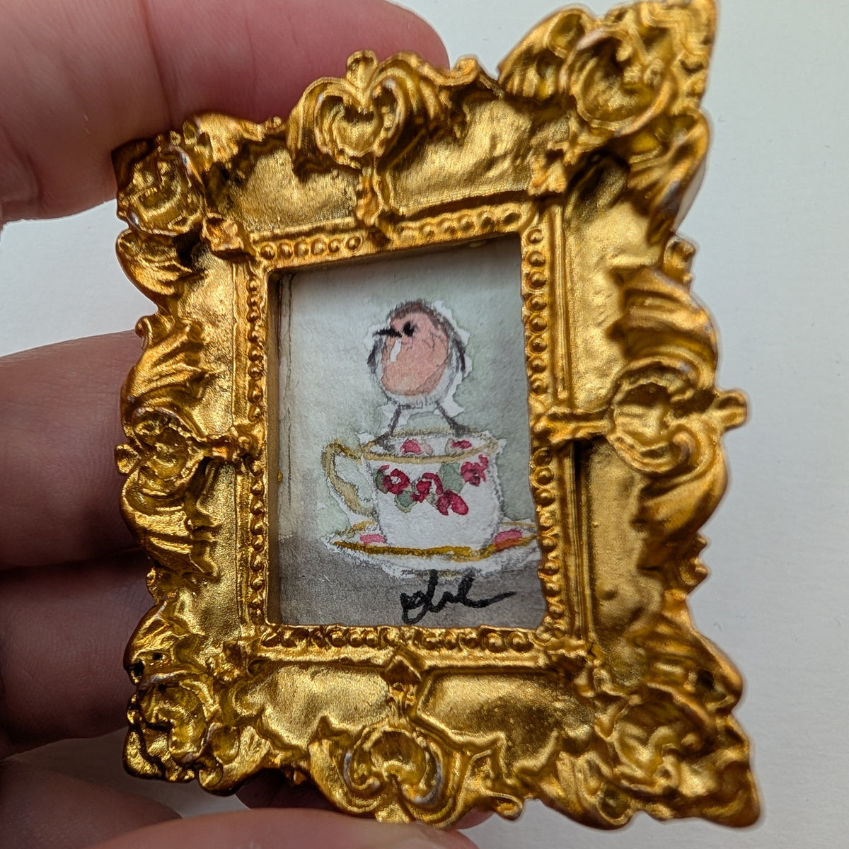 Mini Robin Bird on Teacup Painting - Original Watercolor Art by Lora Cavallin