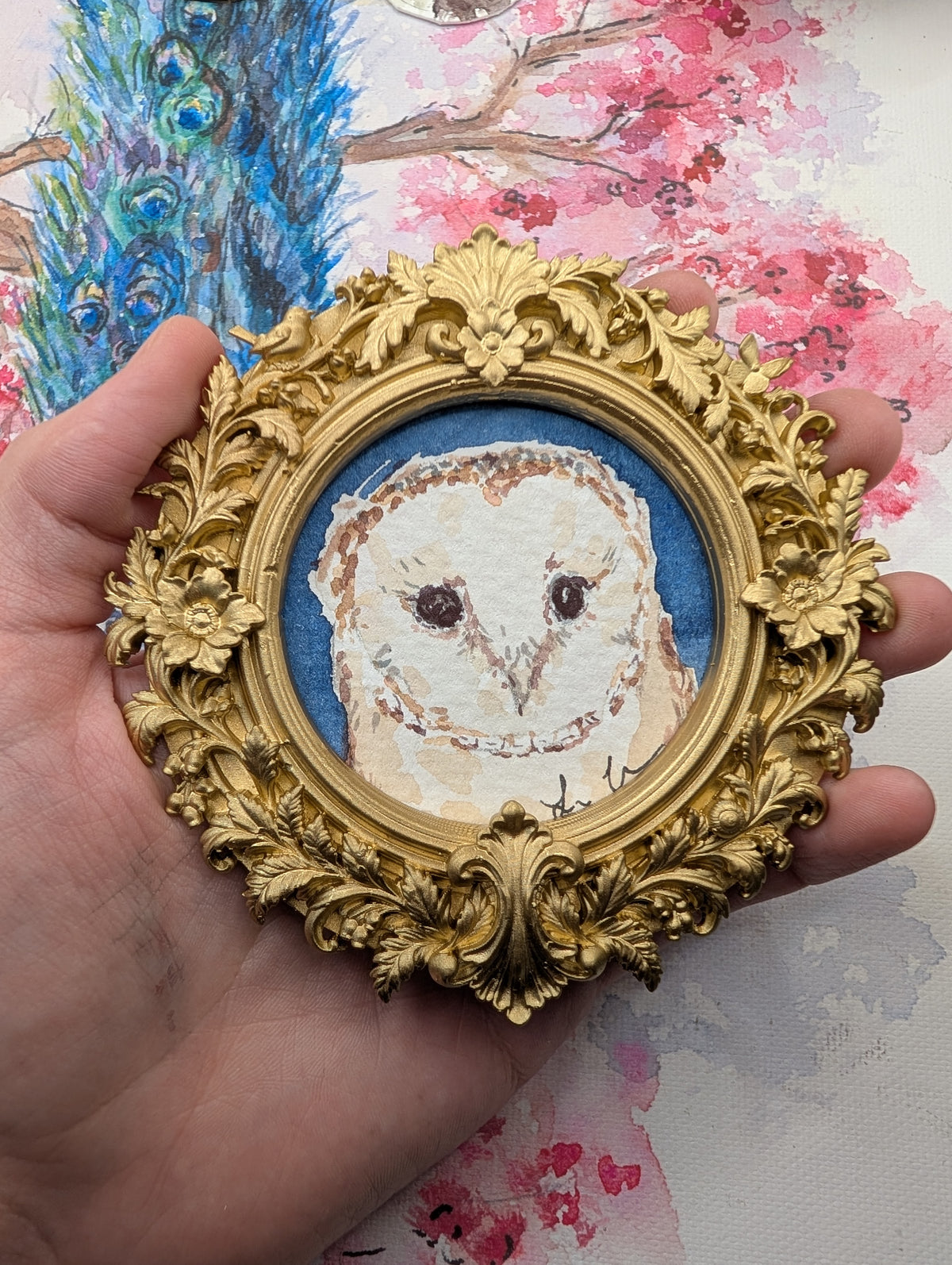 Mini Barn Owl Painting - Original Watercolor Art by Lora Cavallin