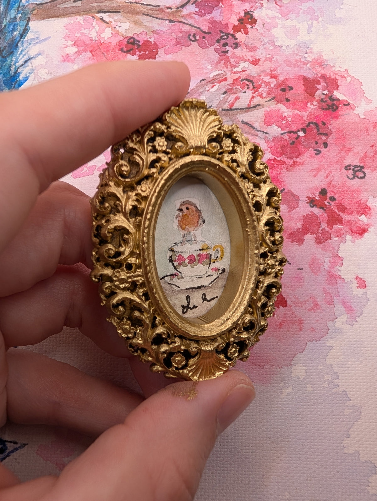 Mini Robin Bird on Teacup Painting - Original Watercolor Art by Lora Cavallin
