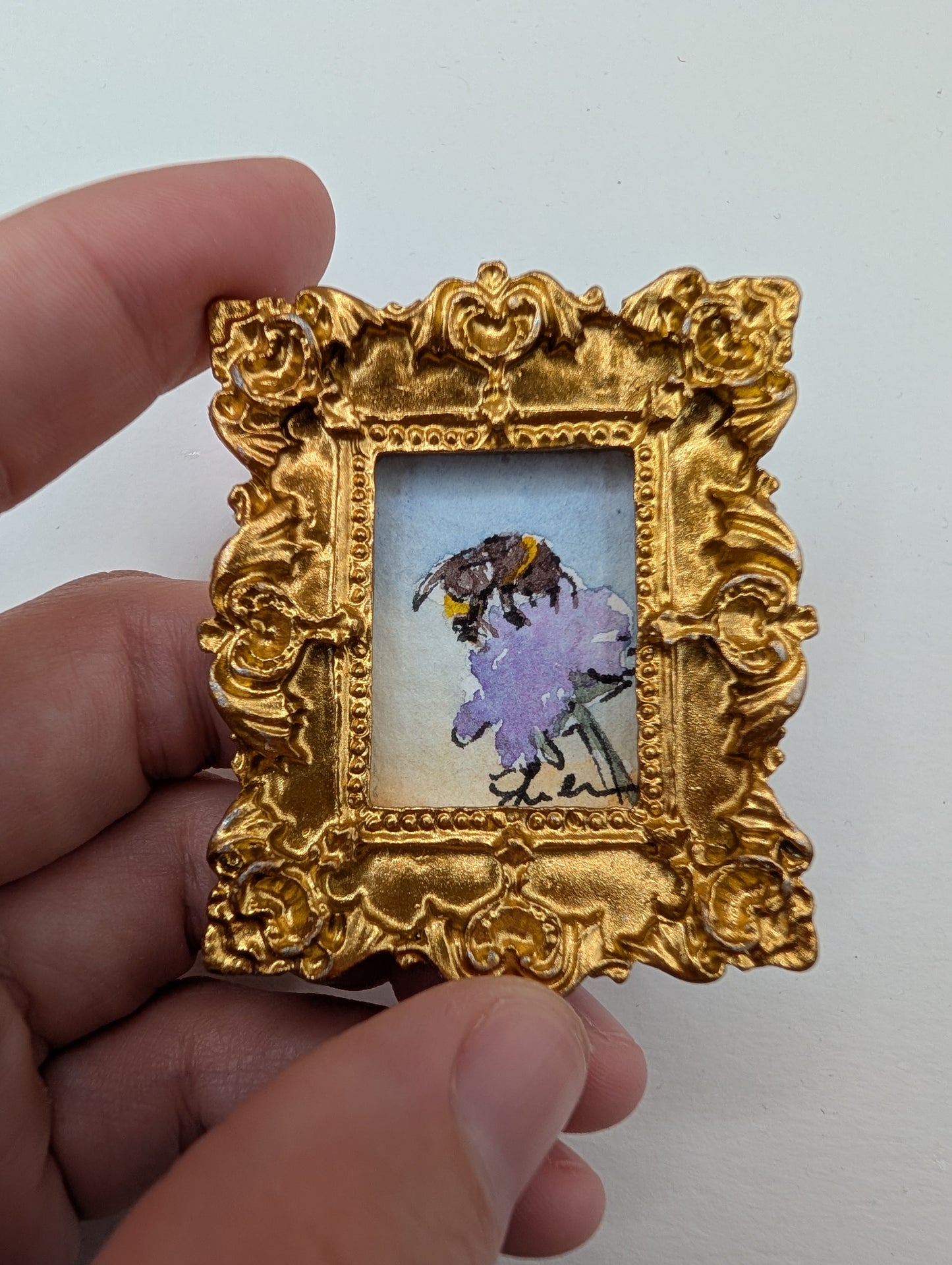 Mini Bee on Flower Painting - Original Watercolor Art by Lora Cavallin