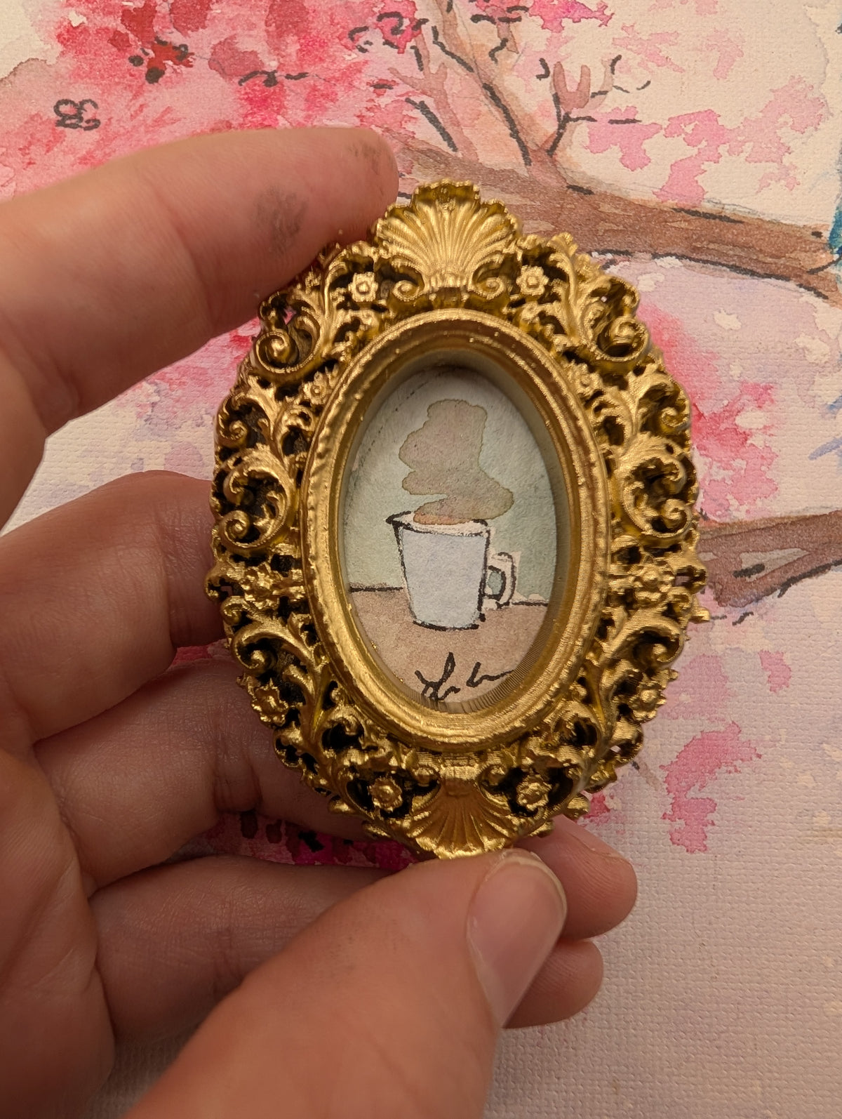 Mini Coffee Mug Painting - Original Watercolor Art by Lora Cavallin