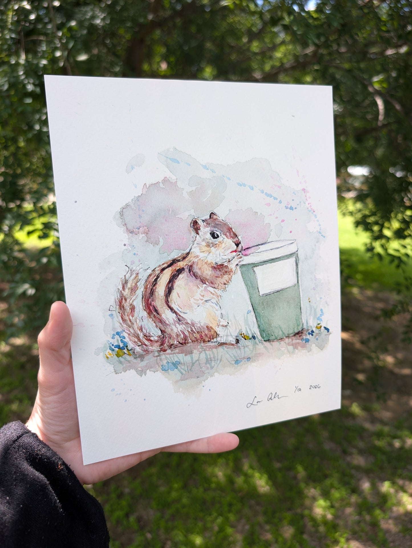 Chipmunk with Coffee Limited Edition Art Print - Personalizable - Watercolor Paper - Lora Cavallin Art - Not Framed, Print Only