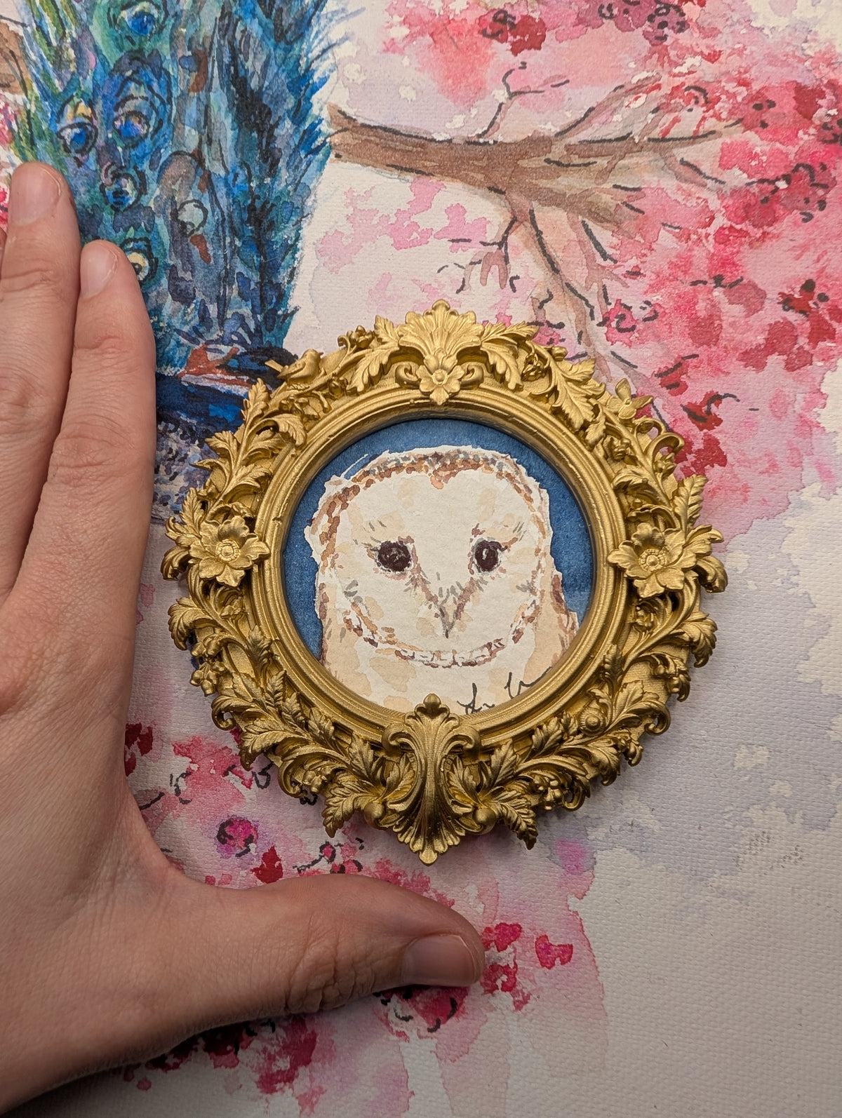 Mini Barn Owl Painting - Original Watercolor Art by Lora Cavallin