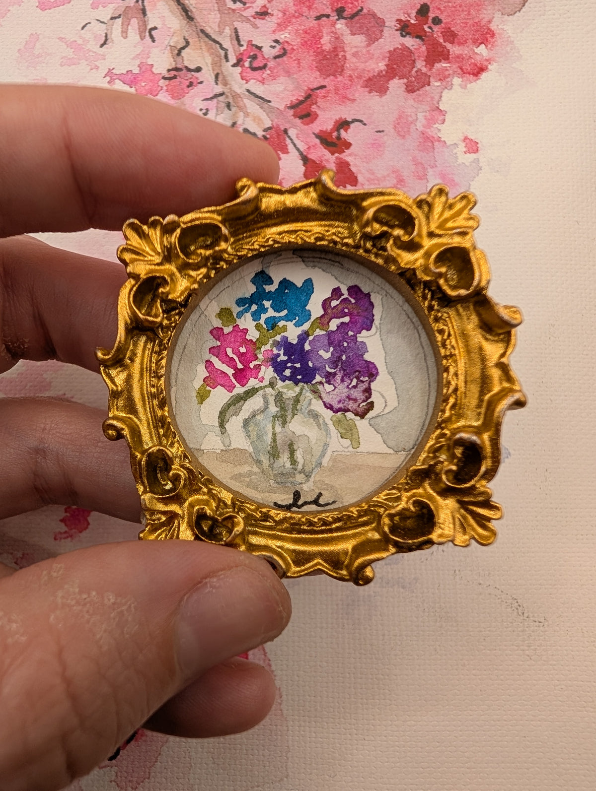 Mini Vase of Flowers Painting - Original Watercolor Art by Lora Cavallin
