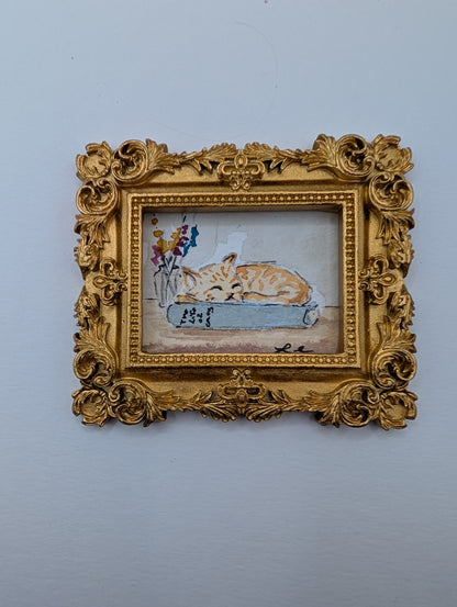 Mini Sleeping Cat Painting - Original Watercolor Art by Lora Cavallin