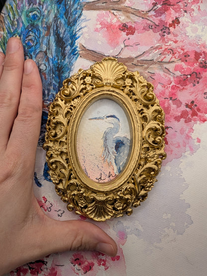 Mini Blue Heron Painting - Original Watercolor Art by Lora Cavallin